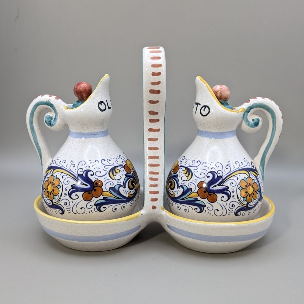 Vintage Ceramiche Deruta Italy Raffaellesco Oil Vinegar Cruet Set Hand Painted - Picture 1 of 13
